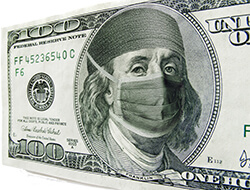 Picture of 100 dollar bill with surgical mask on front