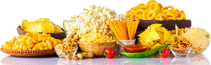 Junk food spread out on table